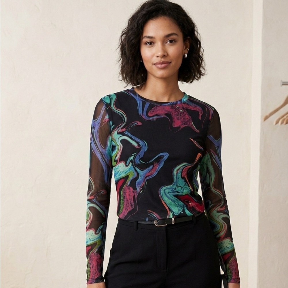 Multicolor Swirl Long Sleeve Women's Beautiful Top- XL